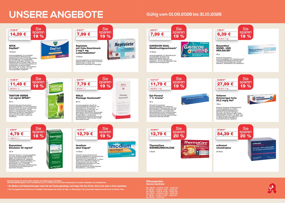 Angebotsübersicht der Sonnen-Apotheke Gärtringen mit Winter-Aktionspreisen für Erkältungsmedikamente, Rabatt-Gutscheinen sowie QR-Code zur Online-Vorbestellung über die Apotheke